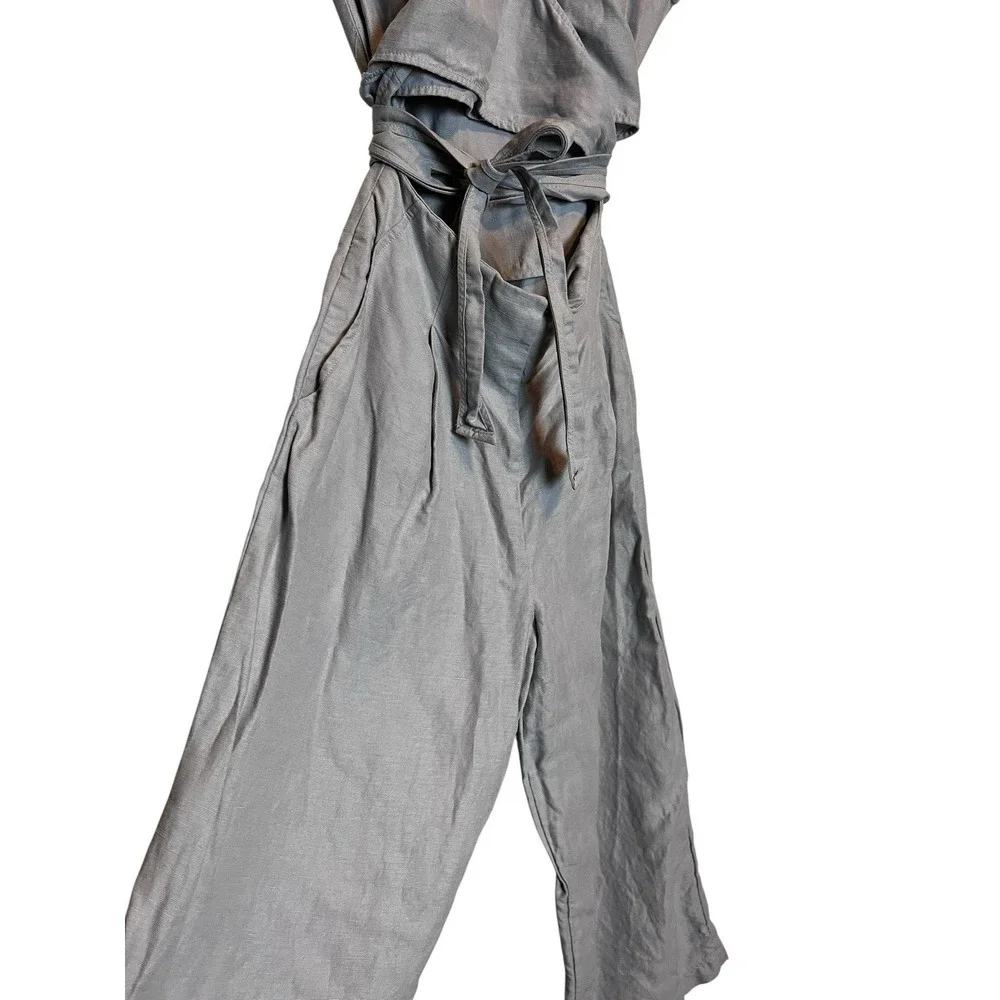 Aritzia Wilfred Brax Jumpsuit 6 Gray Linen Blend Wide Leg Tie Waist - Picture 5 of 7